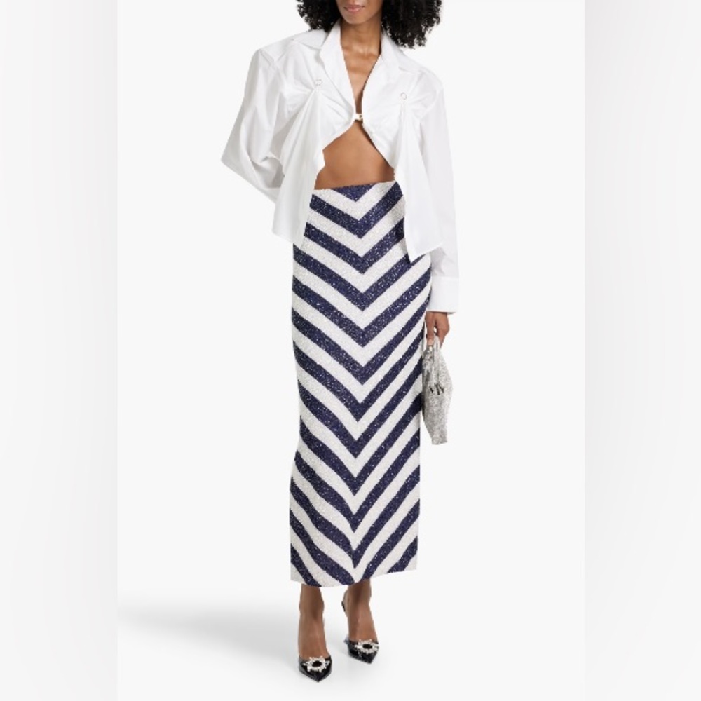 STAUD St. Tropez embellished striped mesh maxi skirt NWT Size 4
